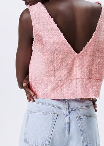 Pembe V Yaka Tüvit Crop Top - Görsel 3