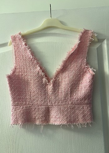 Pembe V Yaka Tüvit Crop Top - Görsel 6