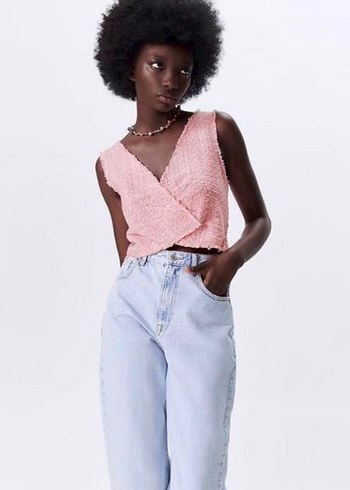 Pembe V Yaka Tüvit Crop Top - Görsel 2