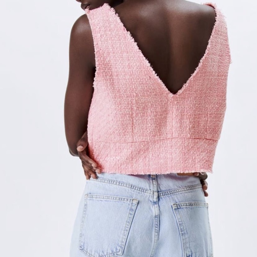 Pembe V Yaka Tüvit Crop Top - Görsel 3