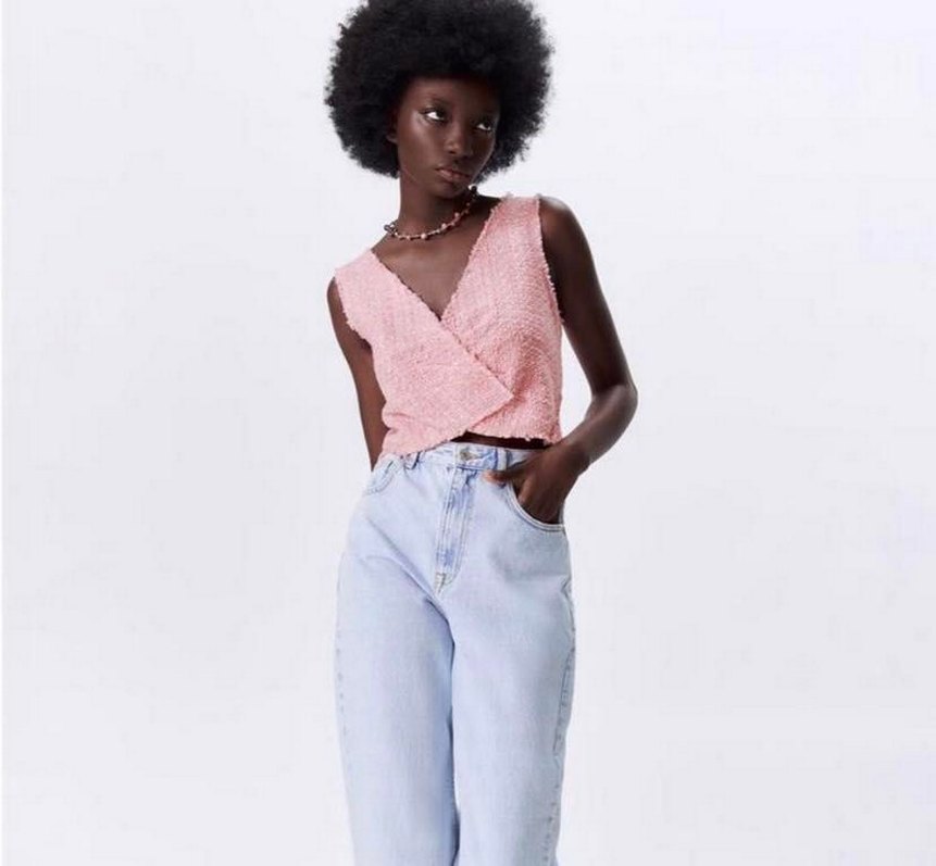 Pembe V Yaka Tüvit Crop Top - Görsel 2