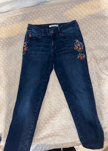 Nakışlı Bohem Mavi Kadın Denim Pantolon