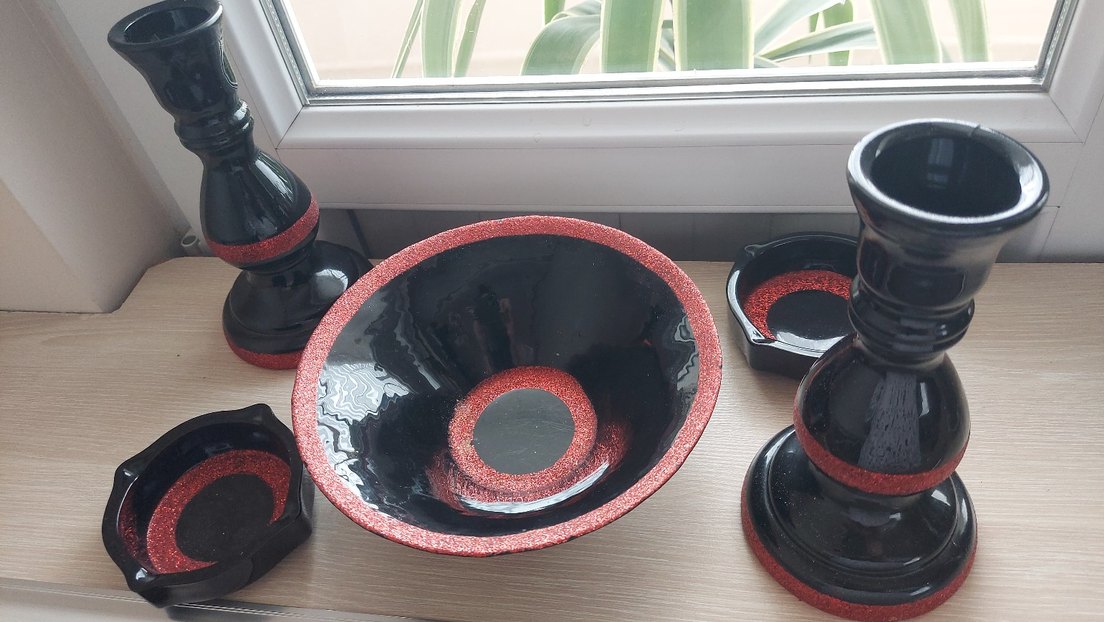 Kırmızı Siyah Parlak Vazo ve Dekoratif Set - Görsel 5