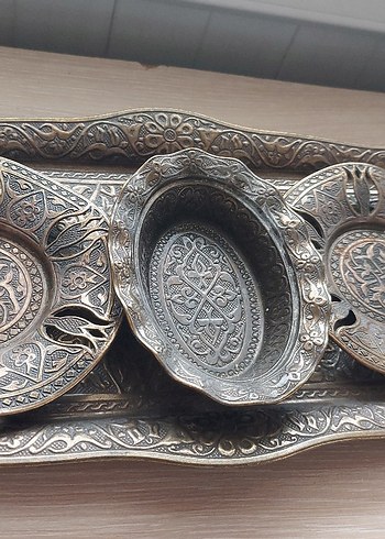 Kahverengi İşlemeli Bakır Kahve Fincan Seti - Görsel 6