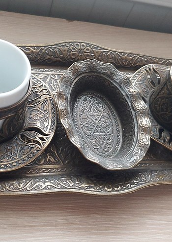 Kahverengi İşlemeli Bakır Kahve Fincan Seti - Görsel 4