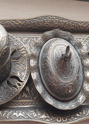 Kahverengi İşlemeli Bakır Kahve Fincan Seti - Görsel 3