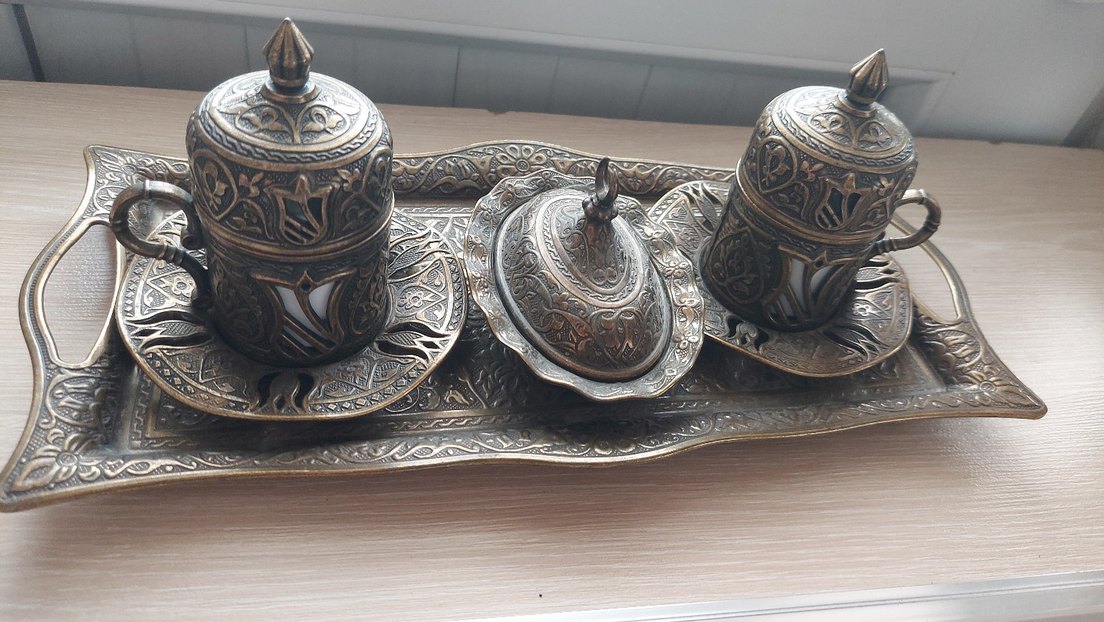 Kahverengi İşlemeli Bakır Kahve Fincan Seti - Görsel 2