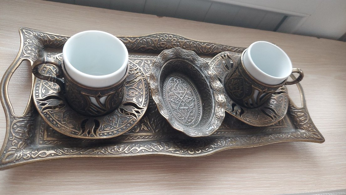 Kahverengi İşlemeli Bakır Kahve Fincan Seti - Görsel 4