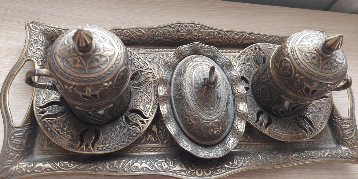 Kahverengi İşlemeli Bakır Kahve Fincan Seti - Görsel 3