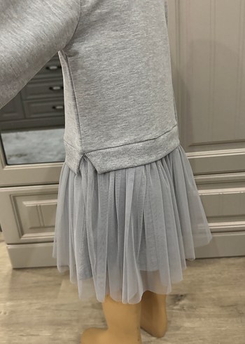 24-36 Ay Beden Gri Uzun Kollu Kız Elbisesi Tül Detaylı