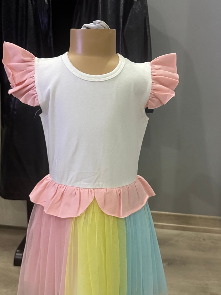 Kız Çocuk Renkli Fırfırlı Elbise - Görsel 3