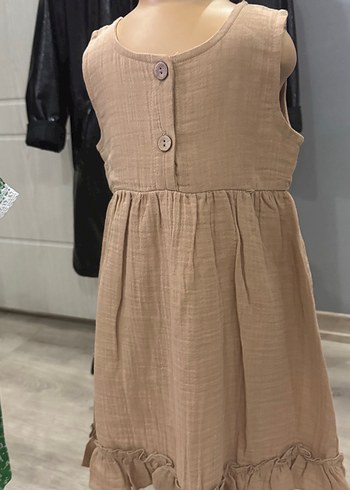 Kız Çocuk Keten Kolsuz Bej Elbise - Görsel 4