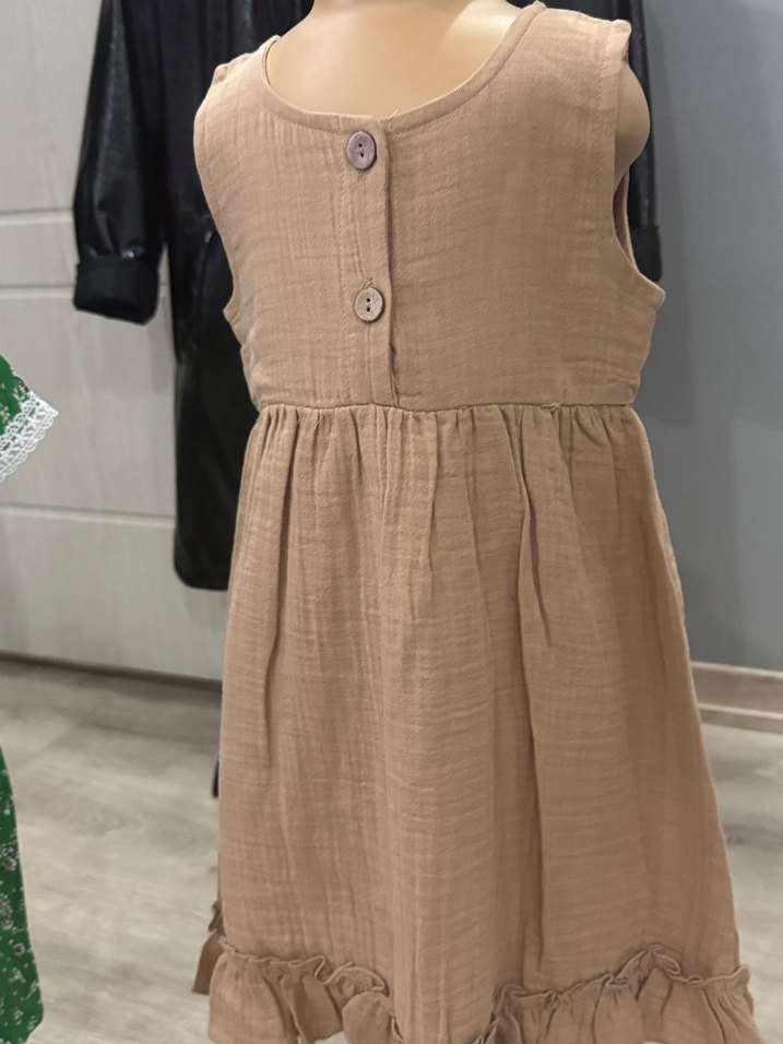 Kız Çocuk Keten Kolsuz Bej Elbise - Görsel 4