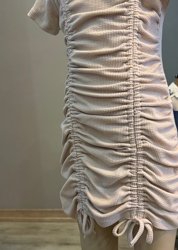 Bej çocuk Keten Pilili Kısa Kollu Elbise - Görsel 5