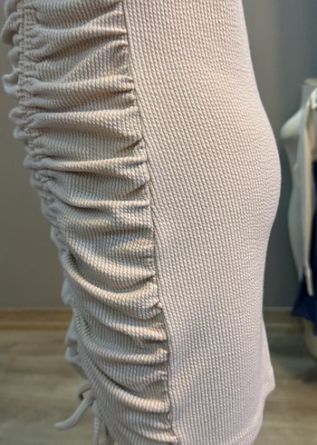 Bej çocuk Keten Pilili Kısa Kollu Elbise - Görsel 6