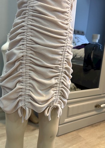 Bej çocuk Keten Pilili Kısa Kollu Elbise - Görsel 4