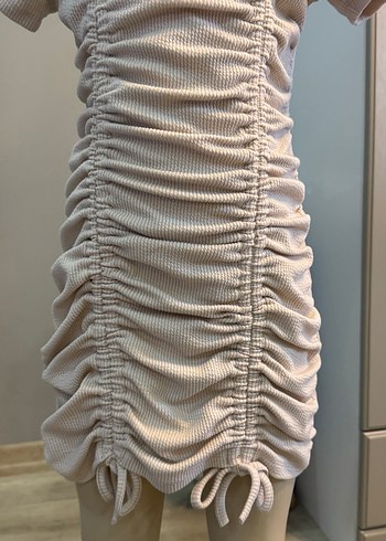 Bej çocuk Keten Pilili Kısa Kollu Elbise - Görsel 2