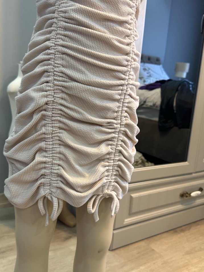 Bej çocuk Keten Pilili Kısa Kollu Elbise - Görsel 4