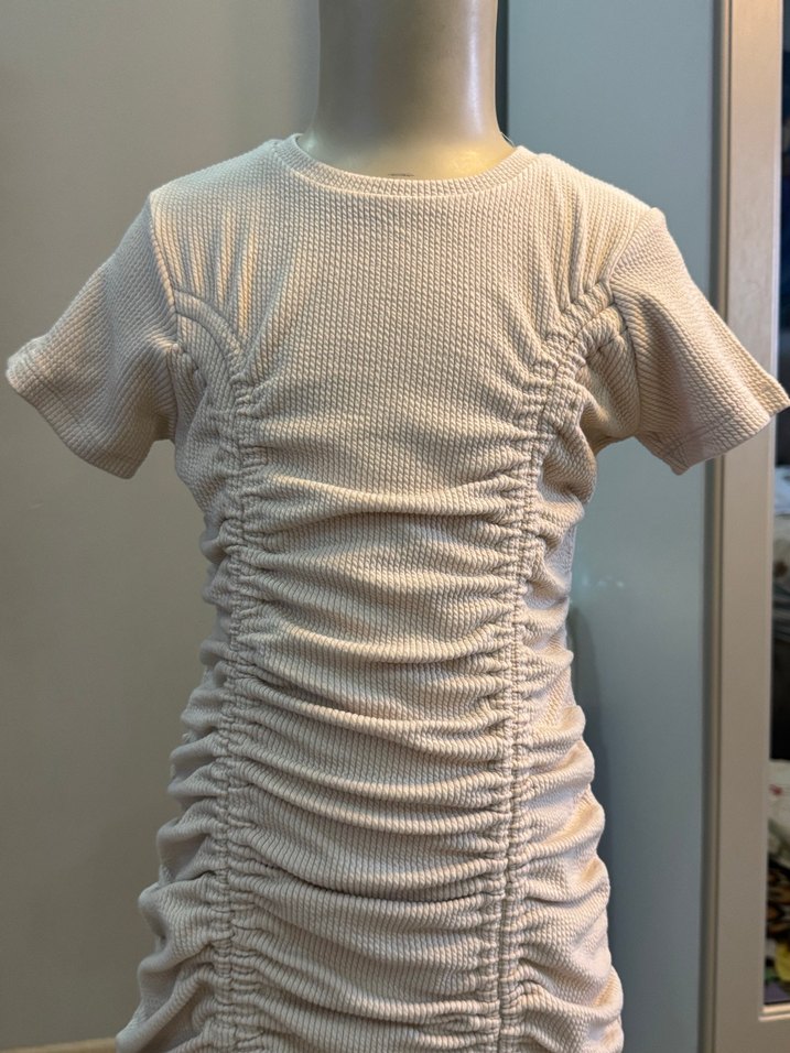 Bej çocuk Keten Pilili Kısa Kollu Elbise - Görsel 3