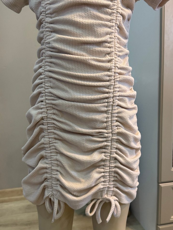 Bej çocuk Keten Pilili Kısa Kollu Elbise - Görsel 2