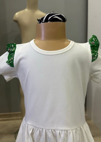 Kız Çocuk Beyaz Yeşil Pamuklu Elbise 4 yaşa - Görsel 3