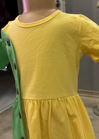 Sarı-Yeşil Düğmeli Kız Çocuk Elbise - Görsel 4