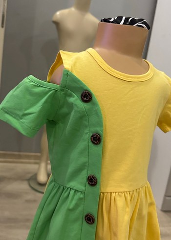 Sarı-Yeşil Düğmeli Kız Çocuk Elbise - Görsel 3