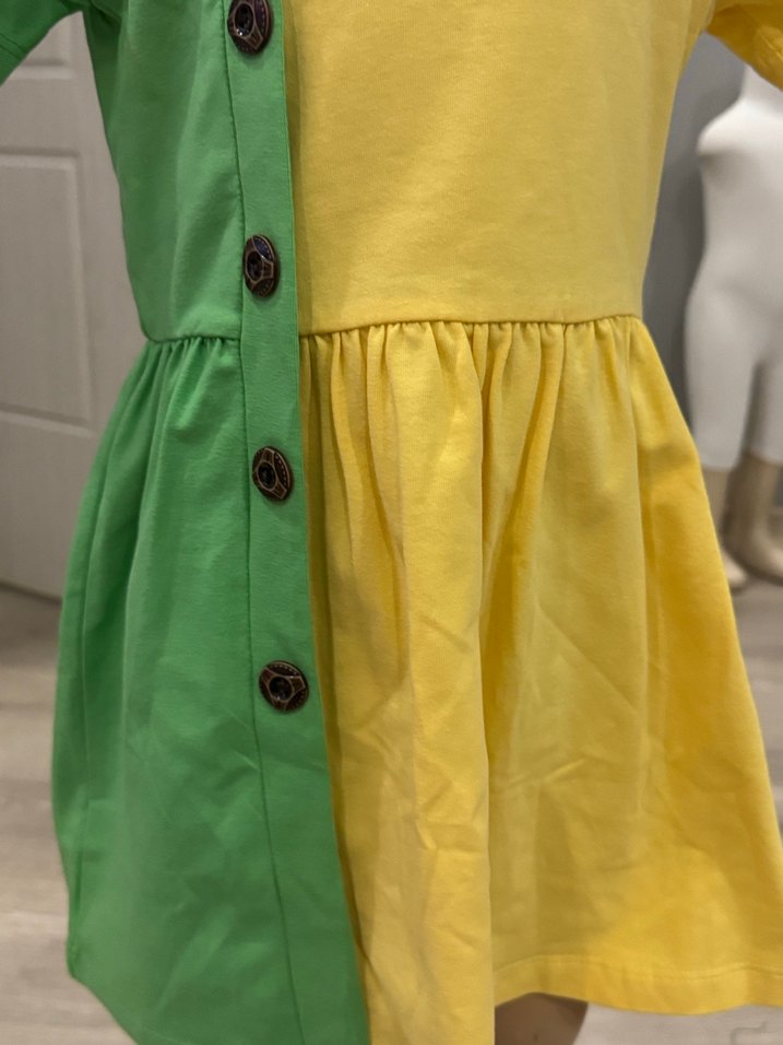 Sarı-Yeşil Düğmeli Kız Çocuk Elbise - Görsel 2