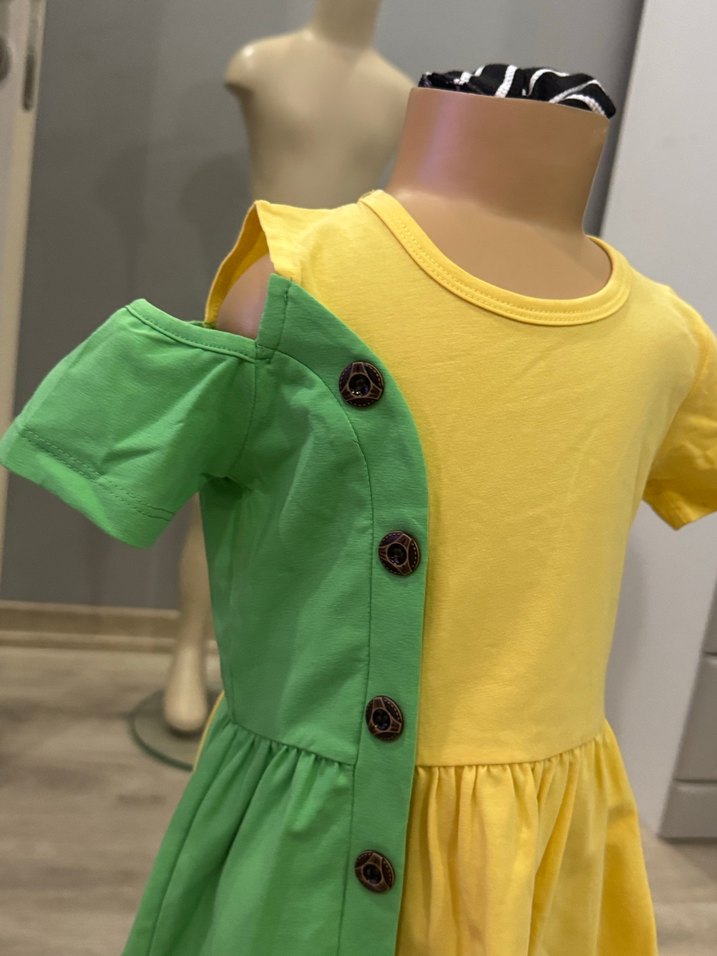 Sarı-Yeşil Düğmeli Kız Çocuk Elbise - Görsel 3