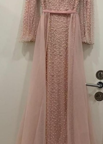 Abiye Tesettür abiye Pembe Uzun Kollu Drapeli Abiye Elbise tiara