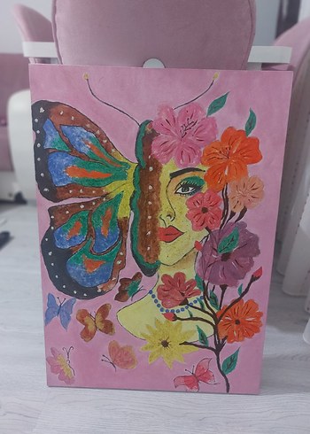 Çiçek ve Kelebek Temalı Renkli Pastel Tablo 50×70