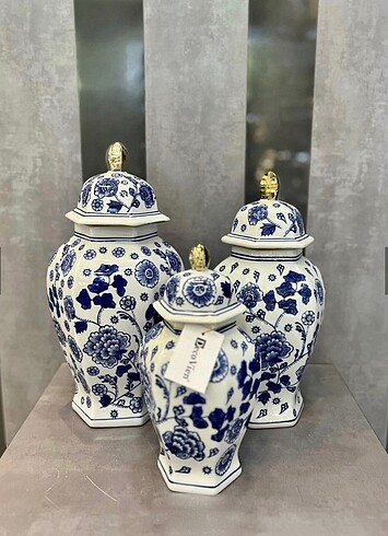Bleu blanc 3lü porselen vazo seti