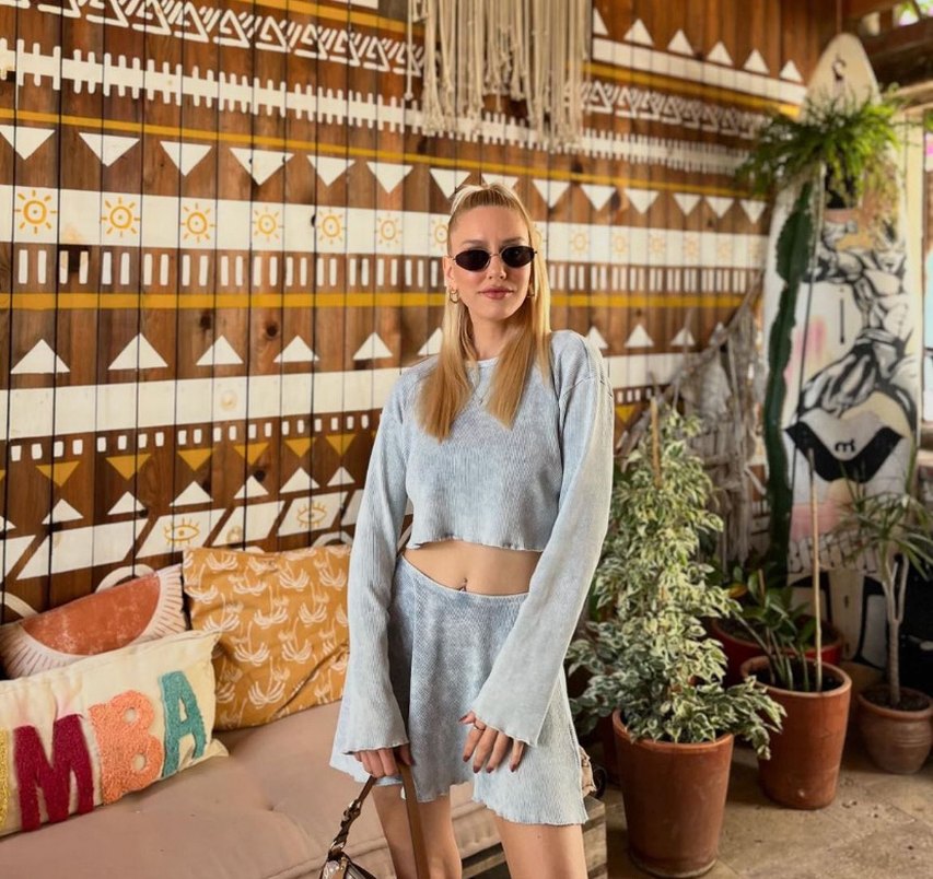 Gri Batik Desenli Denim Mini Etek ve üst - Görsel 2