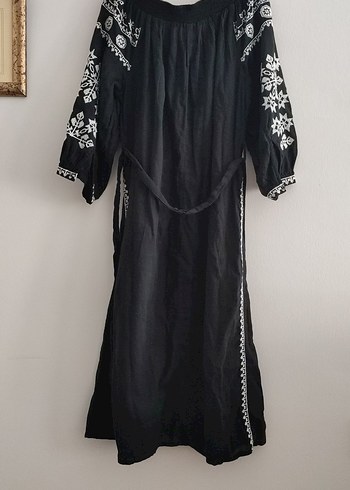 m Beden Nakışlı Püsküllü Siyah Bohem Uzun Elbise