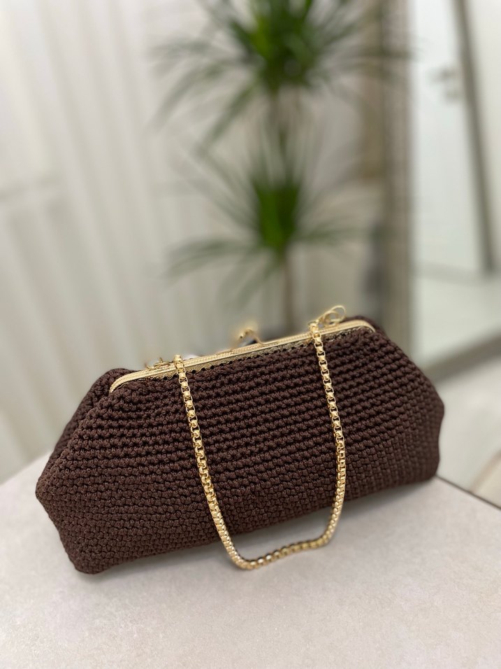Kahverengi Örgü Kadın Portföy Çanta - Görsel 3