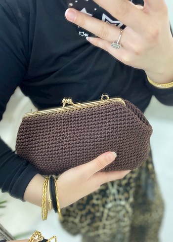Kahverengi Örgü Bohem Clutch Çanta - Görsel 5