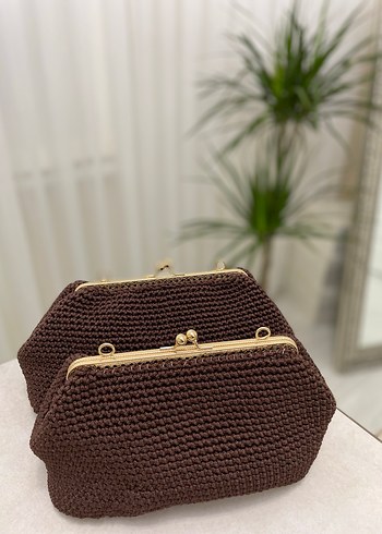 Kahverengi Örgü Bohem Clutch Çanta - Görsel 8