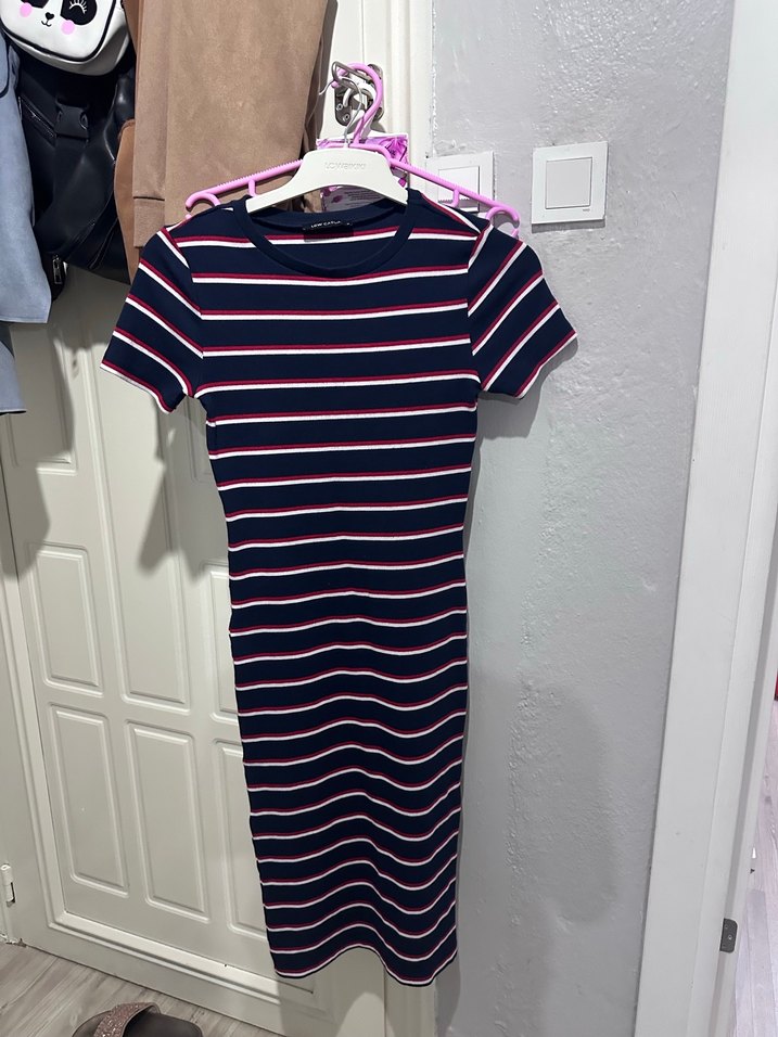 Çizgili Midi Elbise, Kısa Kollu, Yırtmaçlı - Görsel 2