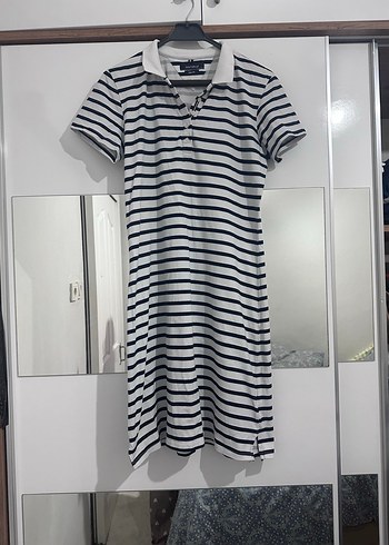 Gri Çizgili Polo Yaka Midi Elbise - Görsel 2