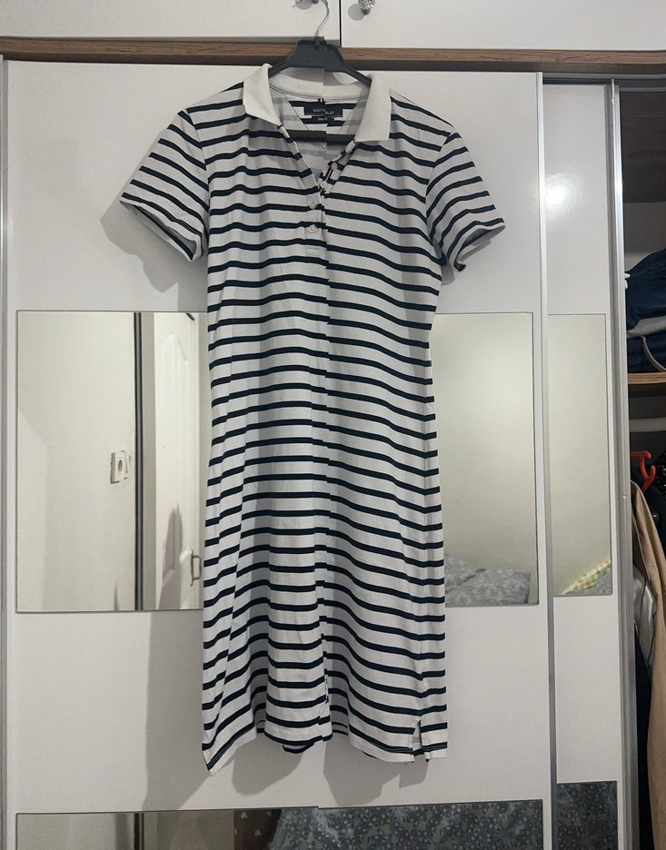 Gri Çizgili Polo Yaka Midi Elbise - Görsel 3