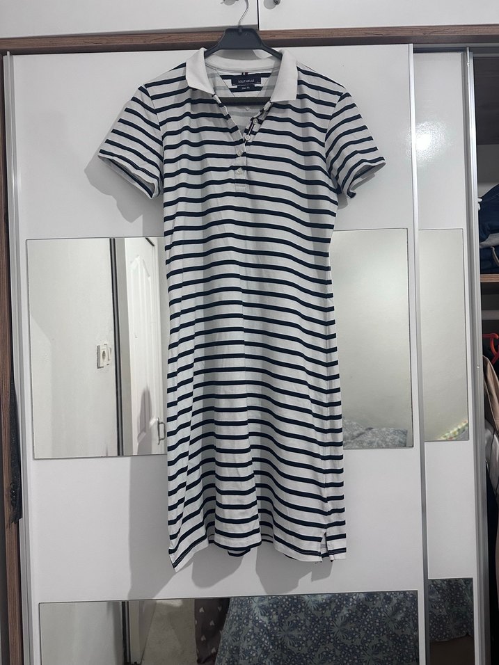 Gri Çizgili Polo Yaka Midi Elbise - Görsel 2