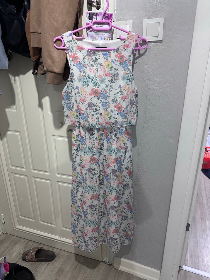 Çiçek Desenli Uzun Straplez Elbise - Görsel 2