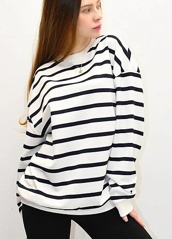 m Beden Lacivert Çizgili Oversize Sweatshirt ????????