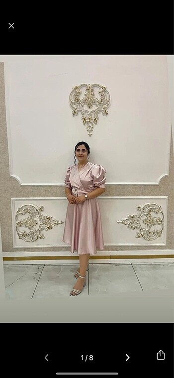 Pudra saten midi abiye elbise