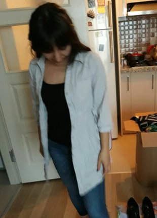 Gömlek Tunik Gri Beyaz Cizgili