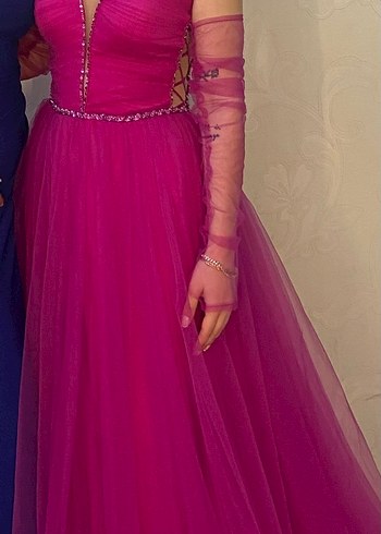 Pembe Uzun Drapeli Straplez Nişan Elbisesi