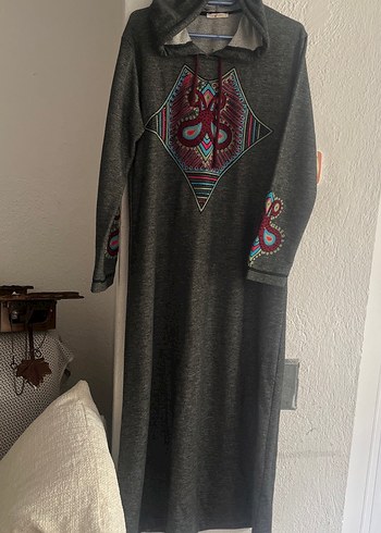 Nakışlı Gri Bohem Uzun Elbise