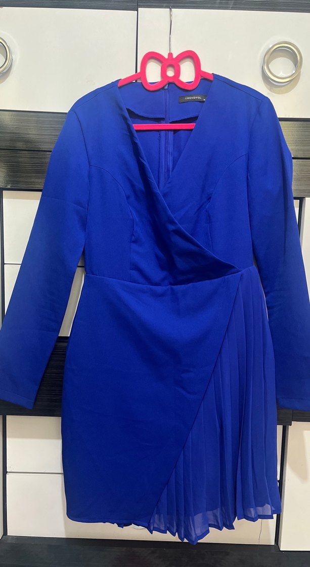 Uzun Kollu Lacivert Kadın Ofis Elbisesi - Görsel 2