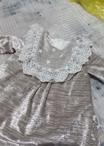 6-9 Ay Beden gri Renk Kız Çocuk Gri Dantelli Uzun Kollu Elbise