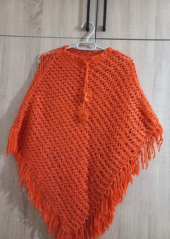 Turuncu Örgü Kız Panço, Bohem Tarz - Görsel 3